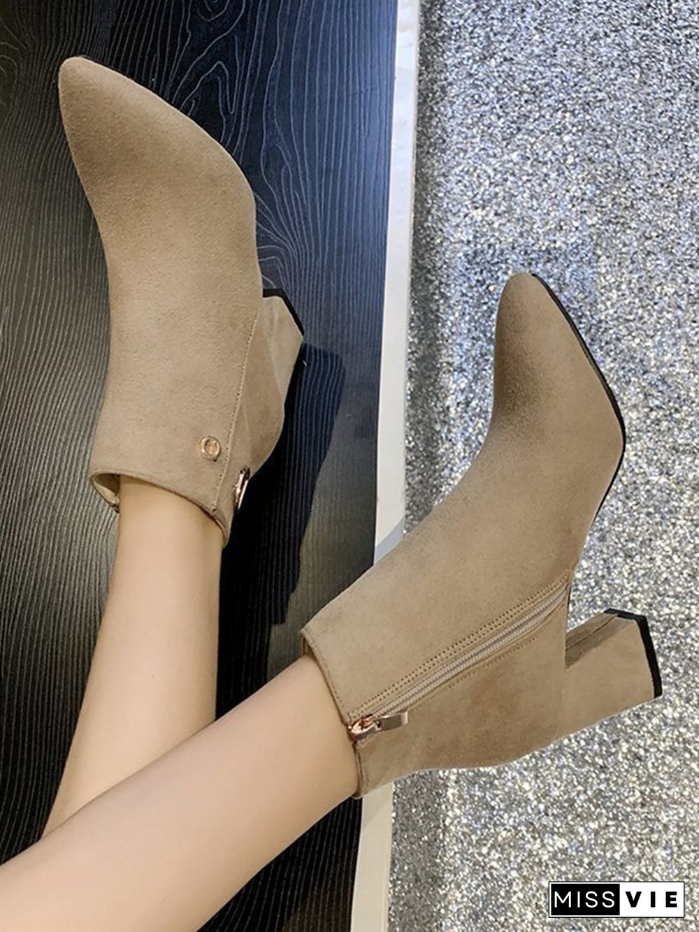 Side Zip Faux Suede Pointed Toe Chunky Heel Booties