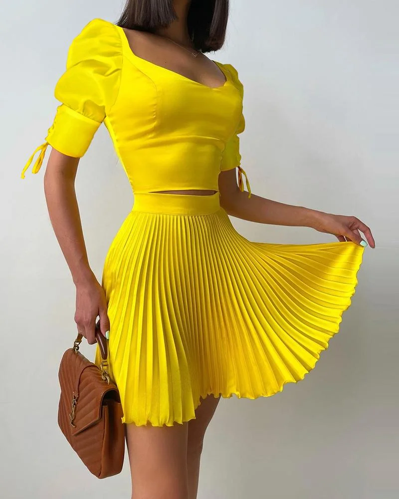 Puff Sleeve Top & Frill Hem Pleated Skirt Set