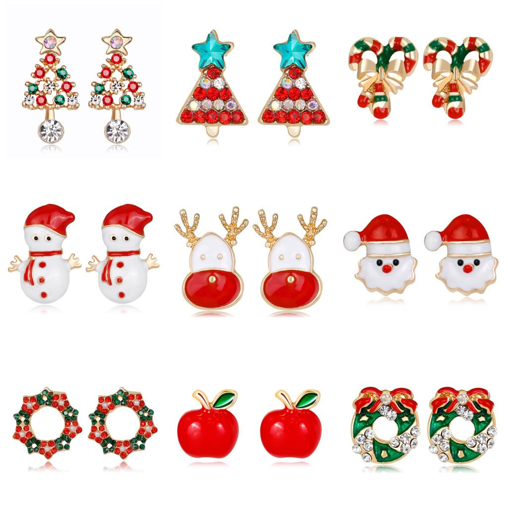 Minnieskull Christmas Tree Bell Elk Santa Claus Snowman Stud Earrings - Minnieskull