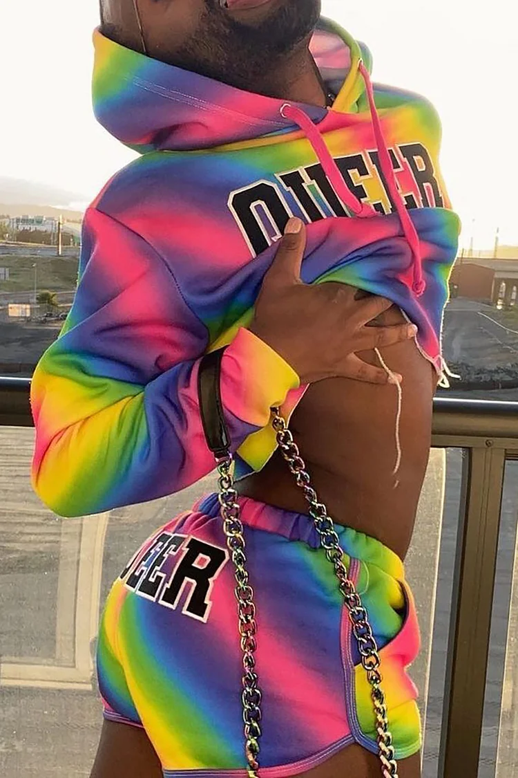 Rainbow Letter Print Long Sleeve Hooded Two Piece Set