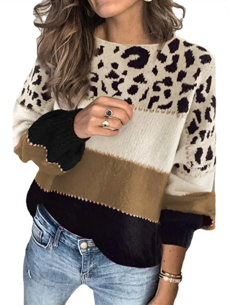 Women Long Sleeve Scoop Neck Stitching Leopard Printed Sweaters