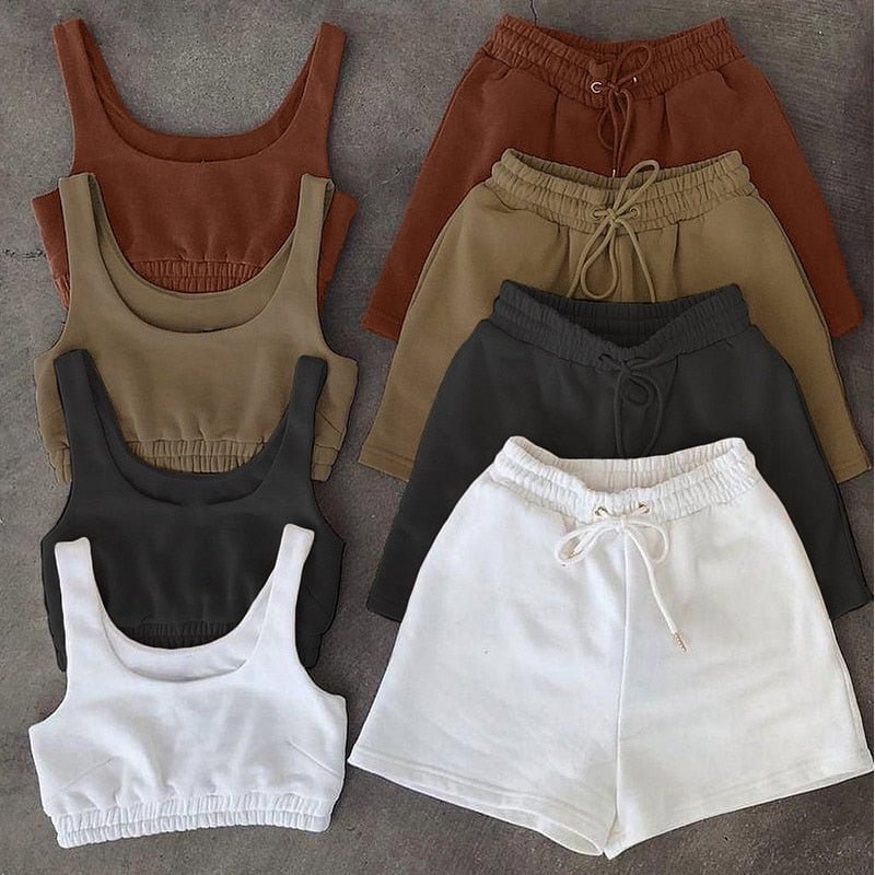 Casual Solid Sportswear 2 Two Piece Sets Women 2021 Crop Top And Drawstring Shorts Matching Suits Summer Athleisure Outfits Chic