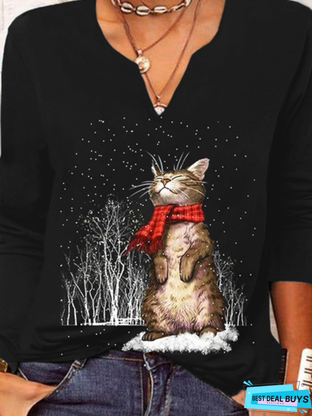 Christmas Cat Long Sleeve V Neck Printed T-shirt