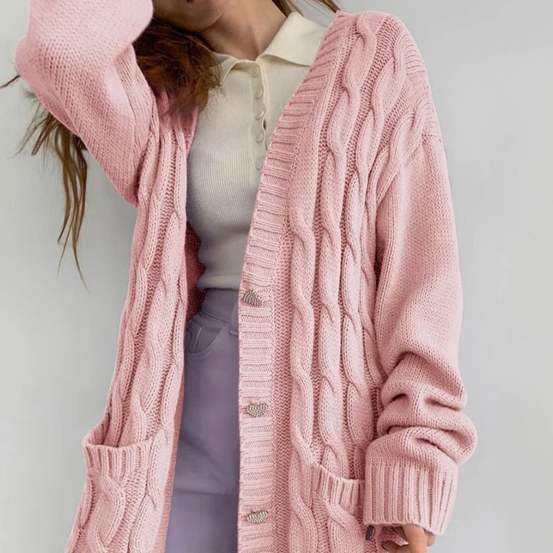 WannaThis Women Striped Jacquard Cardigans Sweater Autumn 2021 Oversize Loose Streetwear Korean Fashion Button Pockets Sweater