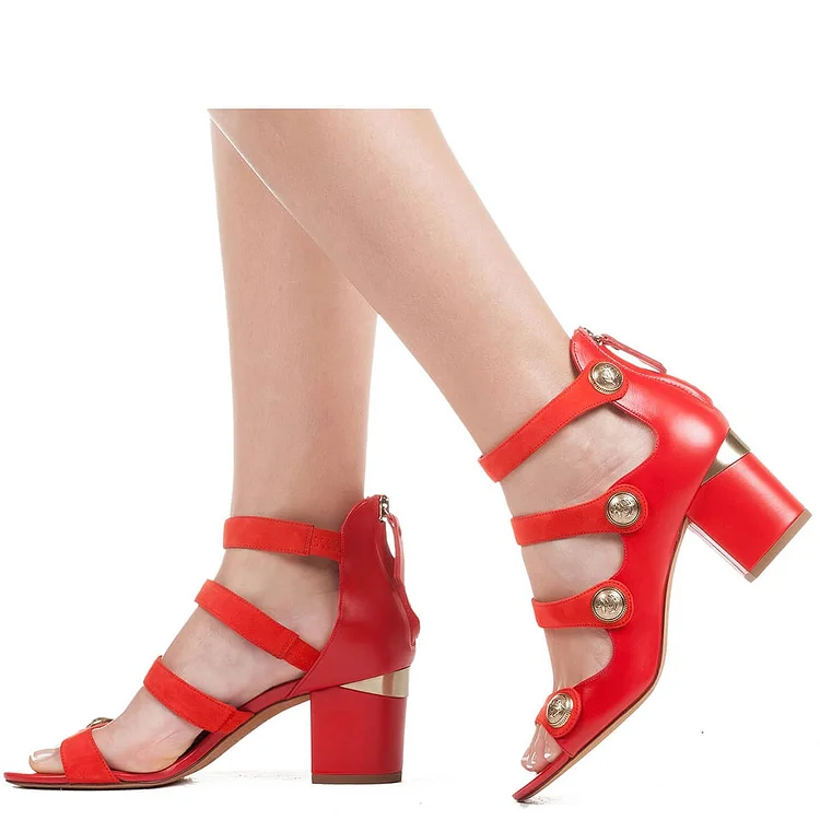 Red Block Heel Sandals Zipper Open Toe Multi Strap Vintage Shoes |FSJ Shoes