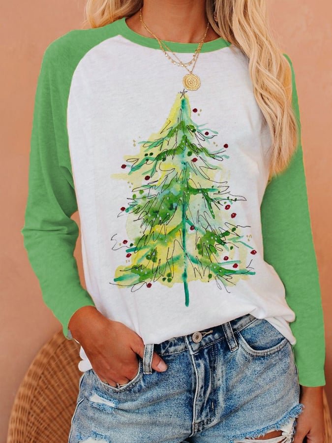Women's Watercolor Christmas Tree🎄 Print Casual Long-Sleeve T-Shirt