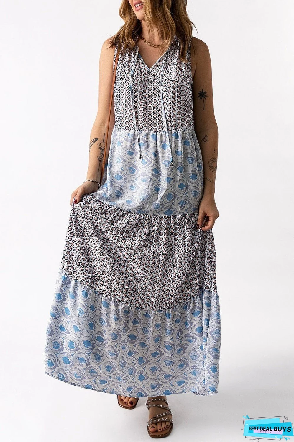 Mixed Print Tie-Neck Sleeveless Maxi Dress