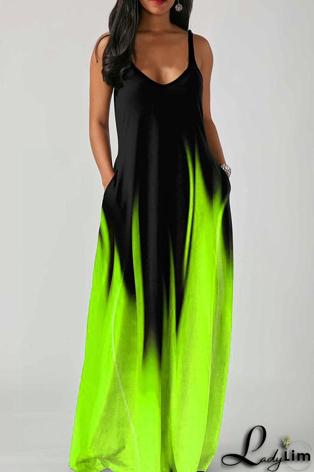 Green Casual Print Patchwork Spaghetti Strap Sling Dress Dresses