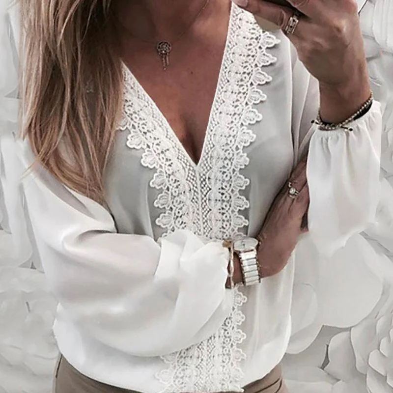 Women Long Lantern Sleeve V Neck Back Hollow Lace Shirt Office Ladies Casual Loose Blouses