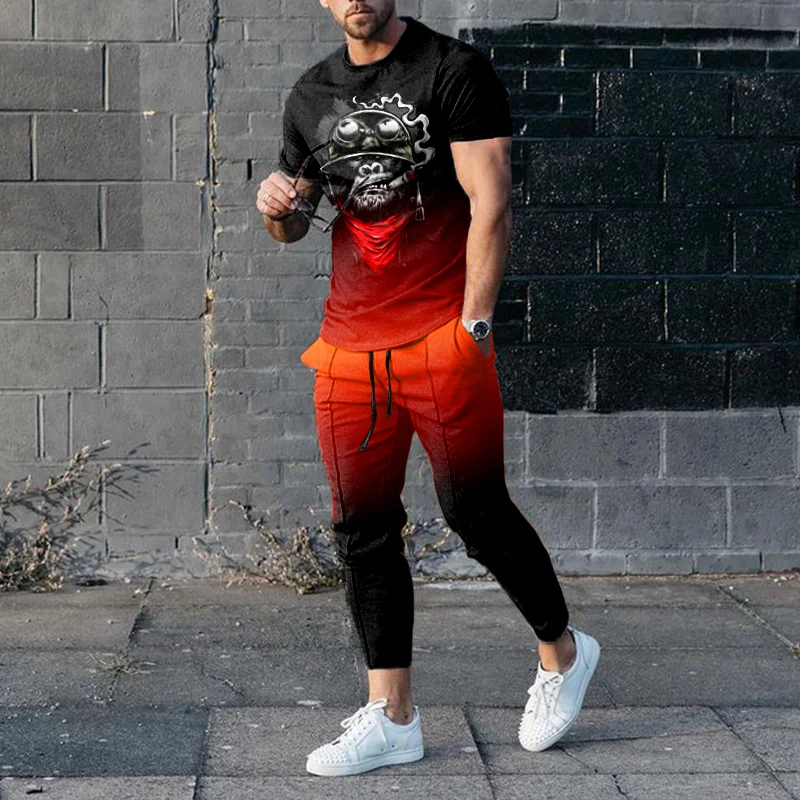Black Red Gradient Print Sports T-Shirt And Pants Two-Piece Set