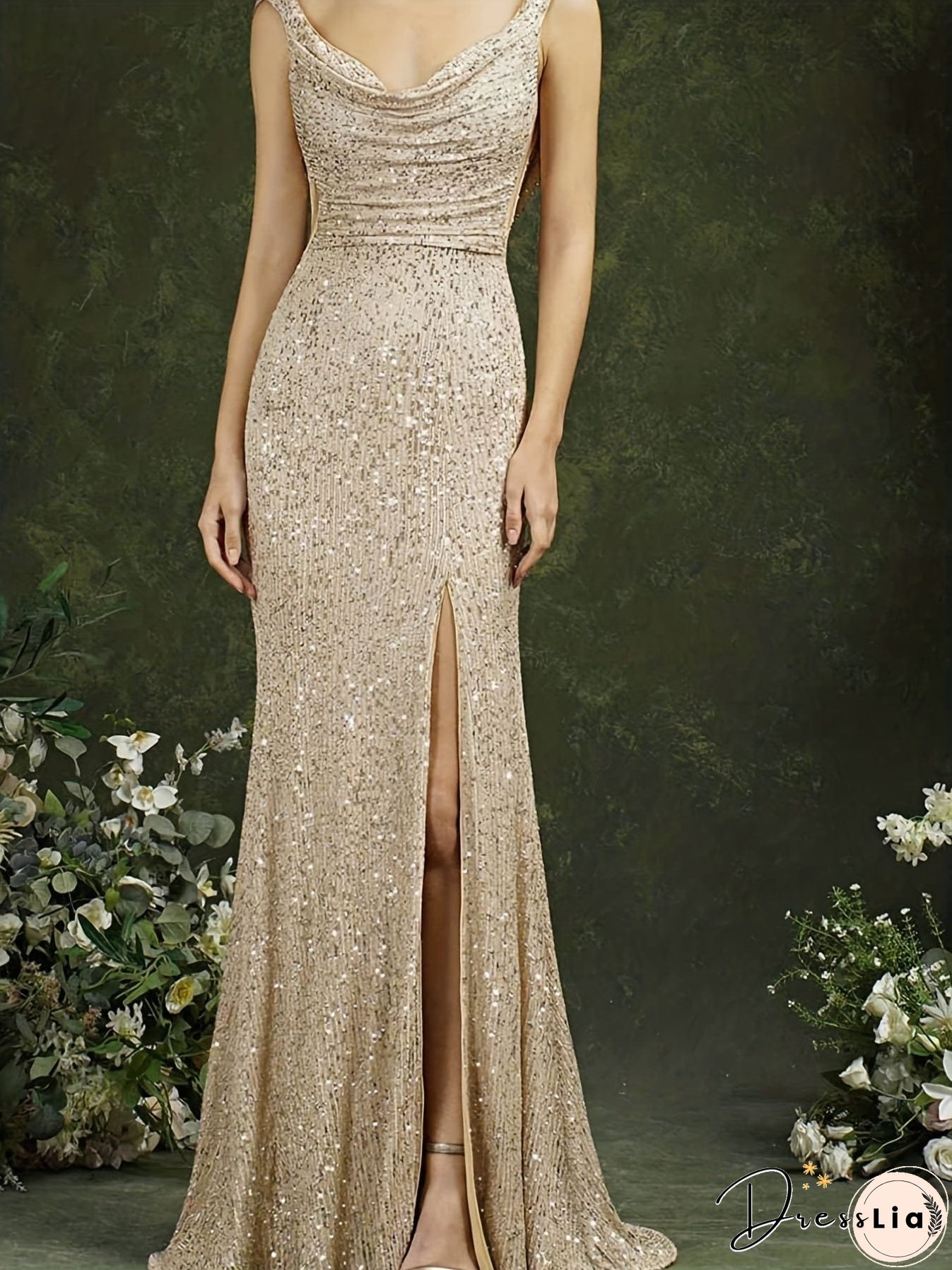 Sequin Cowl Neck Backless Backless Split Party Maxi Dress