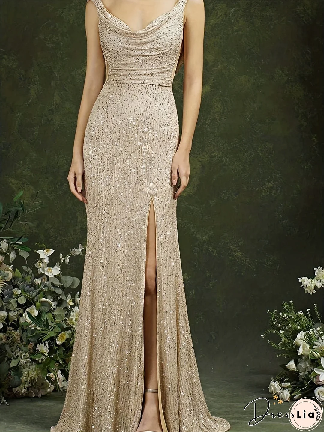 Sequin Cowl Neck Backless Backless Split Party Maxi Dress