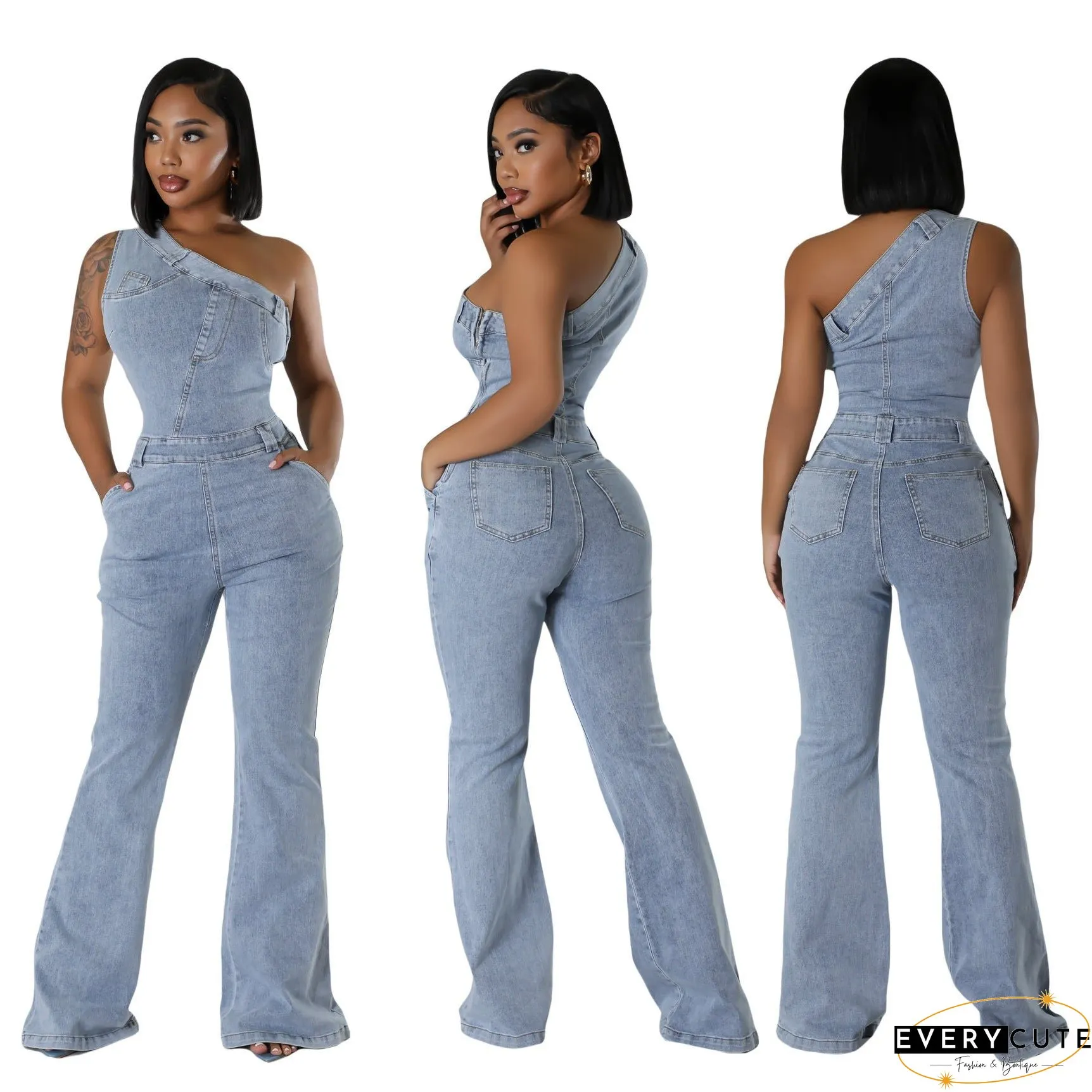 Slant Shoulder Tight Waist Slim Elastic Wash Jumpsuits