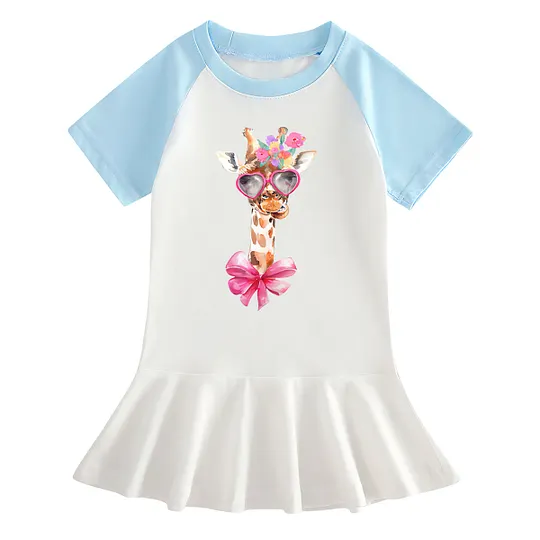 【18M-9Y】Giraffe With Heart Sunglasses Ruffle Dress For Girls