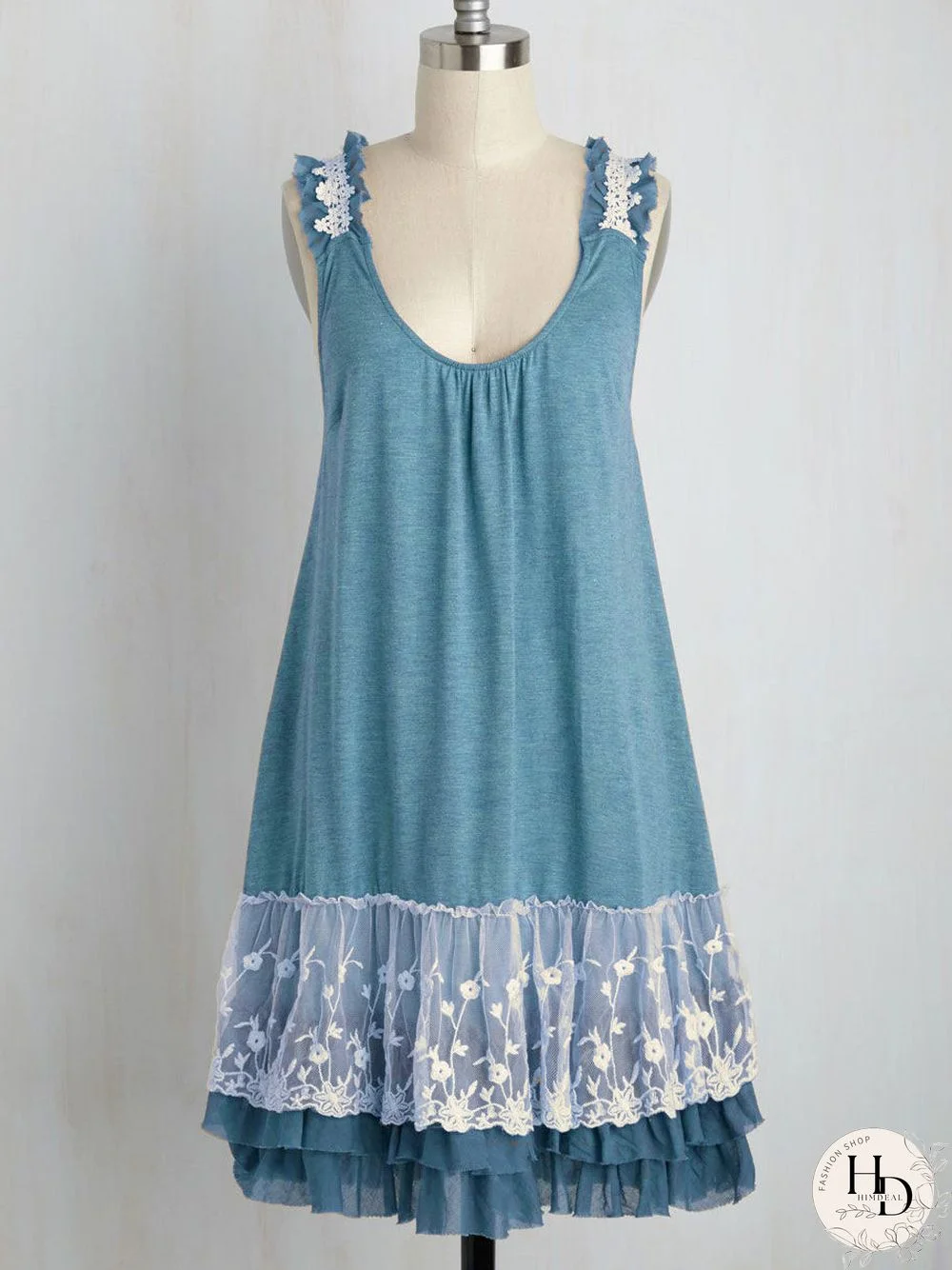 Women Sleeveless U-neck Lace Stitching Midi Dress