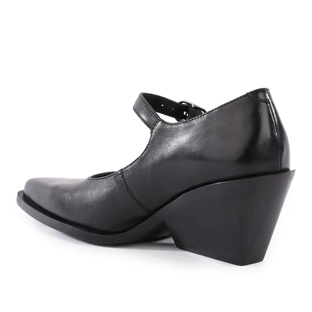 Black Chunky Heel Buckle Pointed Toe Formal Mary Jane Shoes