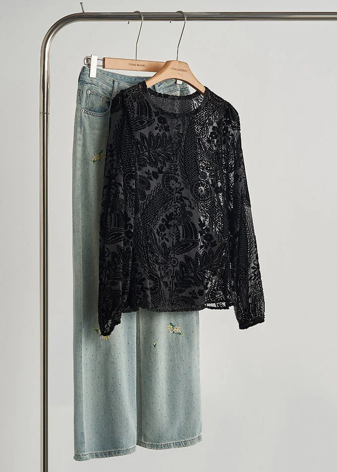 Style Black Oversized Jacquard Silk Velour Blouses Fall