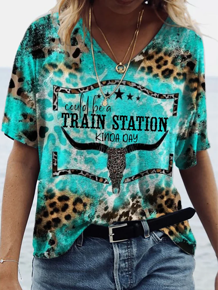 VChics Train Station Kinda Day Bull Skull Leopard T Shirt
