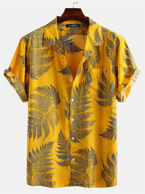 Aonga - Men's Leaf Print Short Sleeve ShirtsF