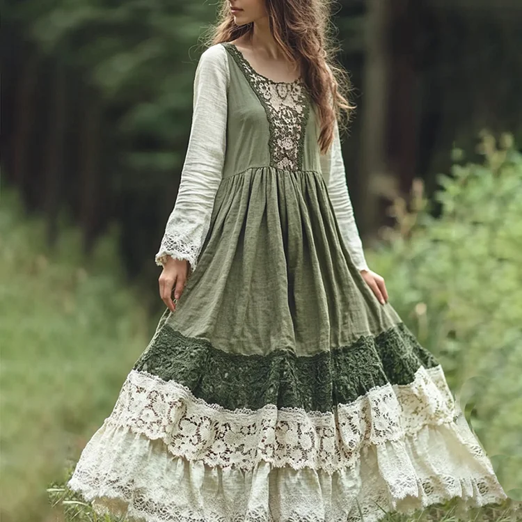 Utbros Vintage Vintage Embroidered Lace Art Maxi Dress