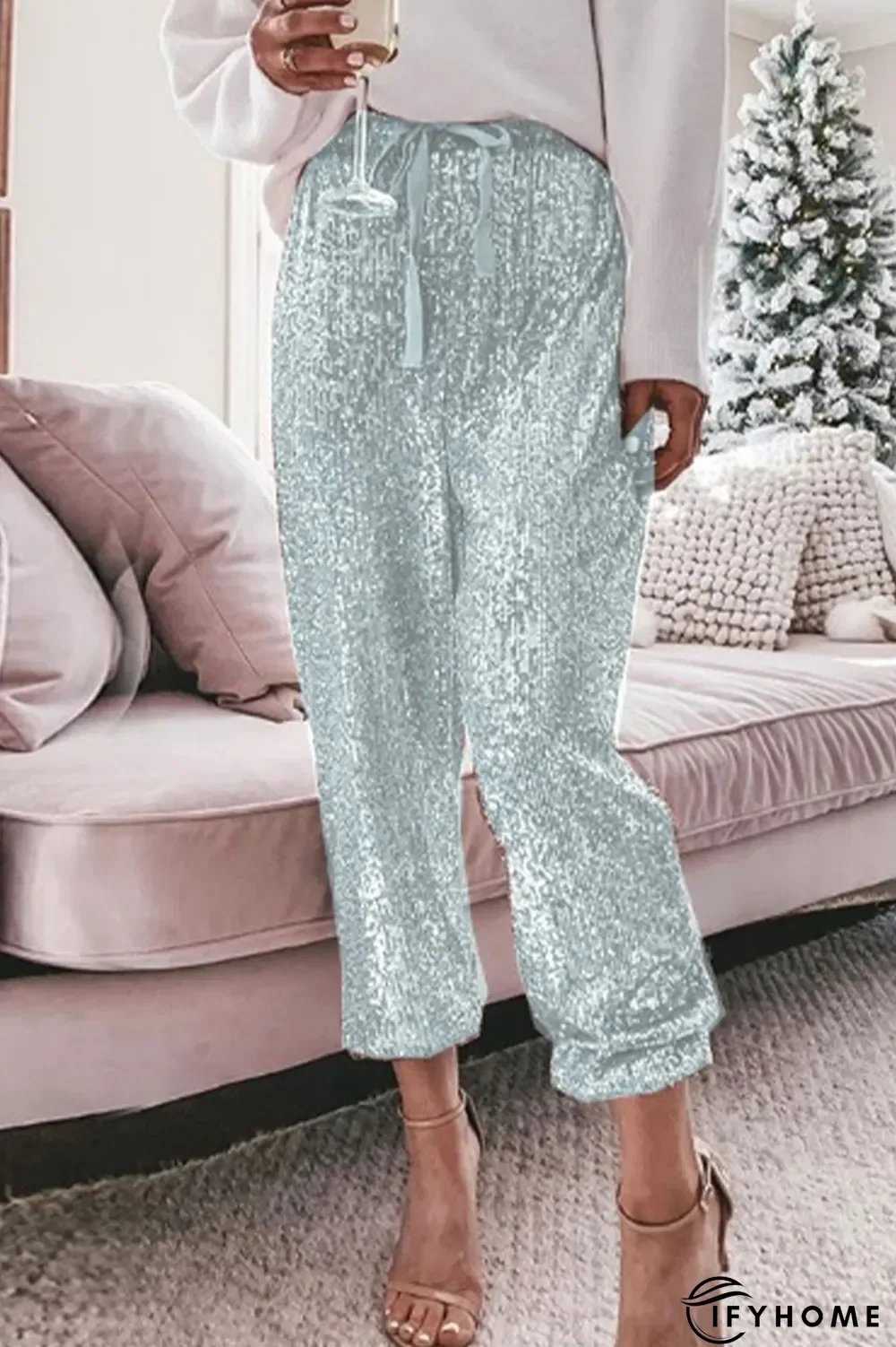 Simplicity Solid Sequins Flounce Straight High Waist Harlan Patchwork Bottoms(4 Colors) | IFYHOME