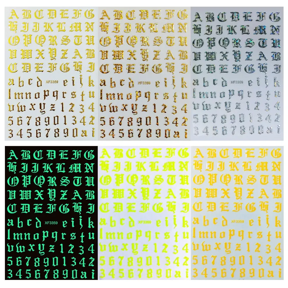 12Pc/Set Nail Sticker Letter Number Nail Designs White Black Laser Gold Silver Stickers Wrap Tips Decoration Acrylic Nails Tool-Nail Inspo