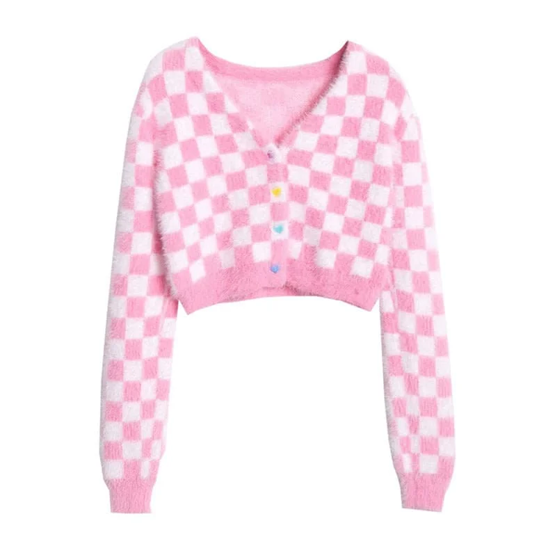 Pink Checkered Fluffy Cardigan