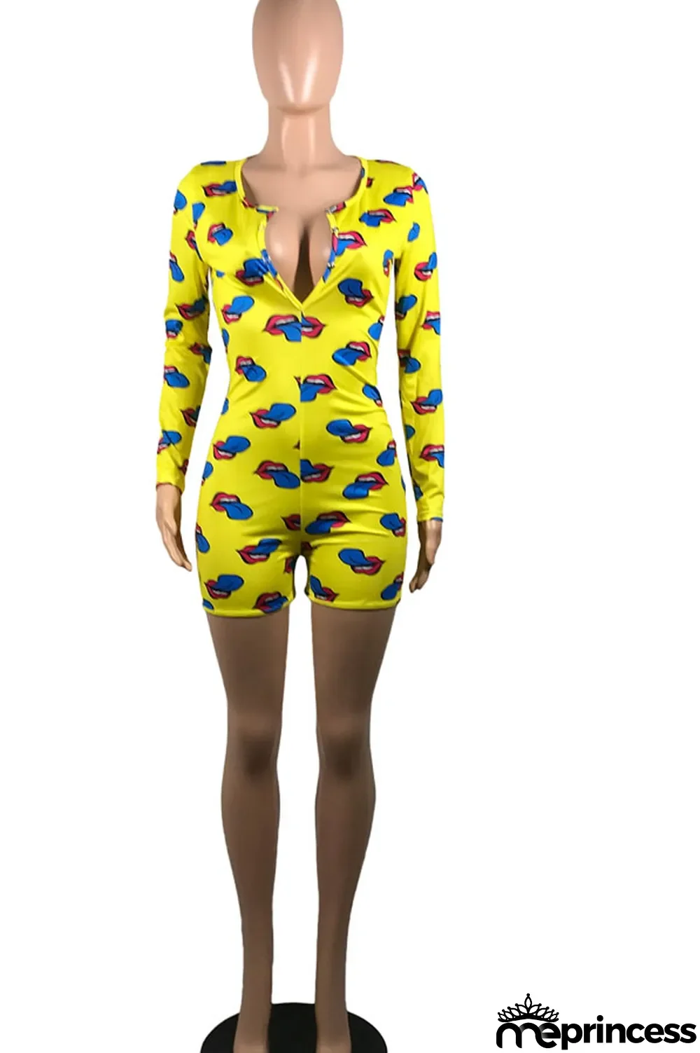 Yellow Sexy Print Polyester Long Sleeve V Neck Jumpsuits
