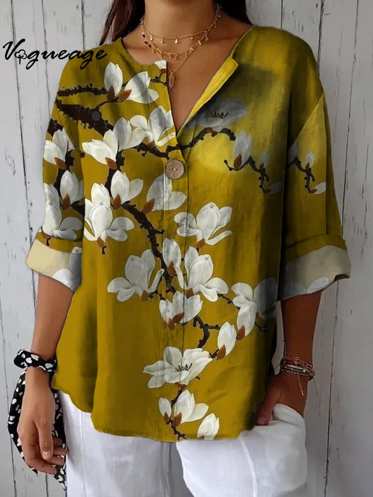 Simple And Gentle Temperament Flowers Printed Cotton And Linen Shirt