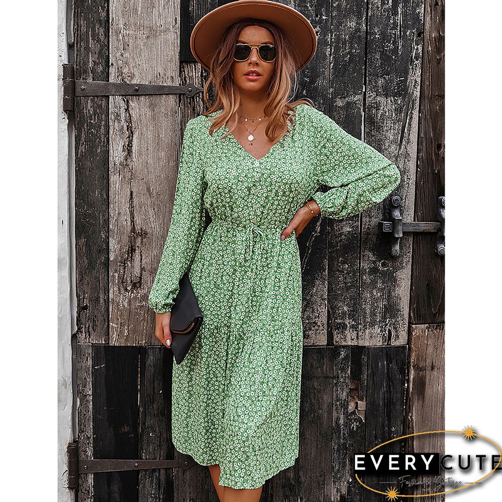 Light Green Floral Print V Neck Long Sleeve Dress