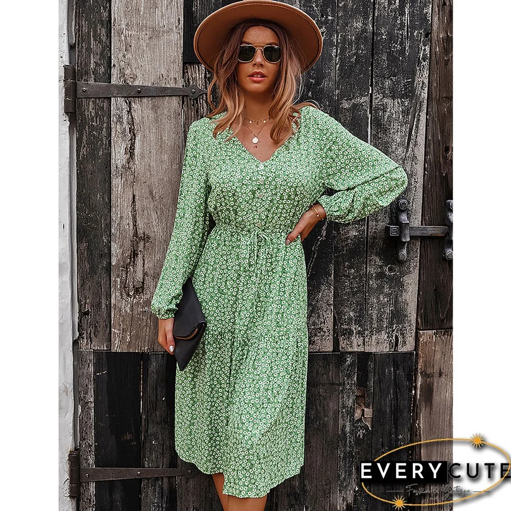 Light Green Floral Print V Neck Long Sleeve Dress