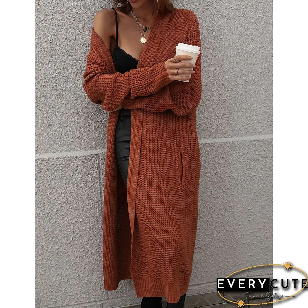Rust Red Knit Pocket Open Front Long Cardigan