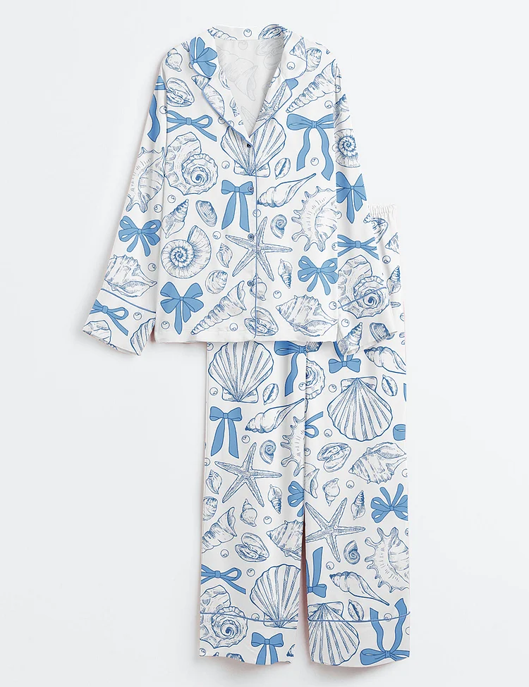 Women&rsquo;s Coquette Seashell Beach Retro Coastal Girls Trip Summer Vibes Print Long Sleeve Satin Pajama Set