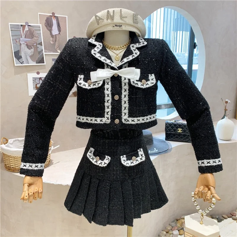 Fashion Small Fragrance Tweed Two Piece Set Women Crop Top Bow Short Jacket Coat + Pleated Skirt Suits Vintage  2 Piece Sets