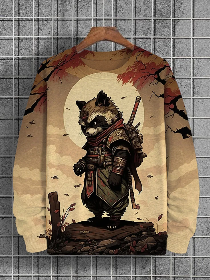 Men's Retro Raccoon Samurai Art Illustration Print Sweatshirt