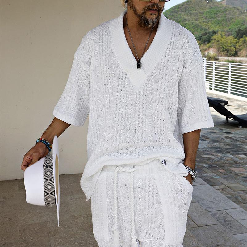 Men's Casual Loose V-Neck Short-Sleeved T-Shirt Shorts Knitted Set