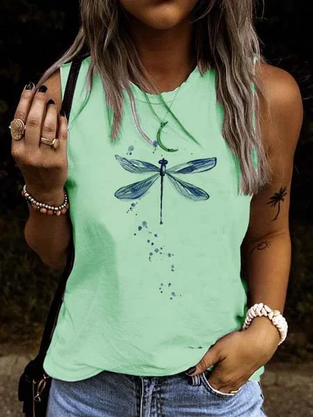 Casual Crew Neck Cotton-Blend Printed Tanks & Camis