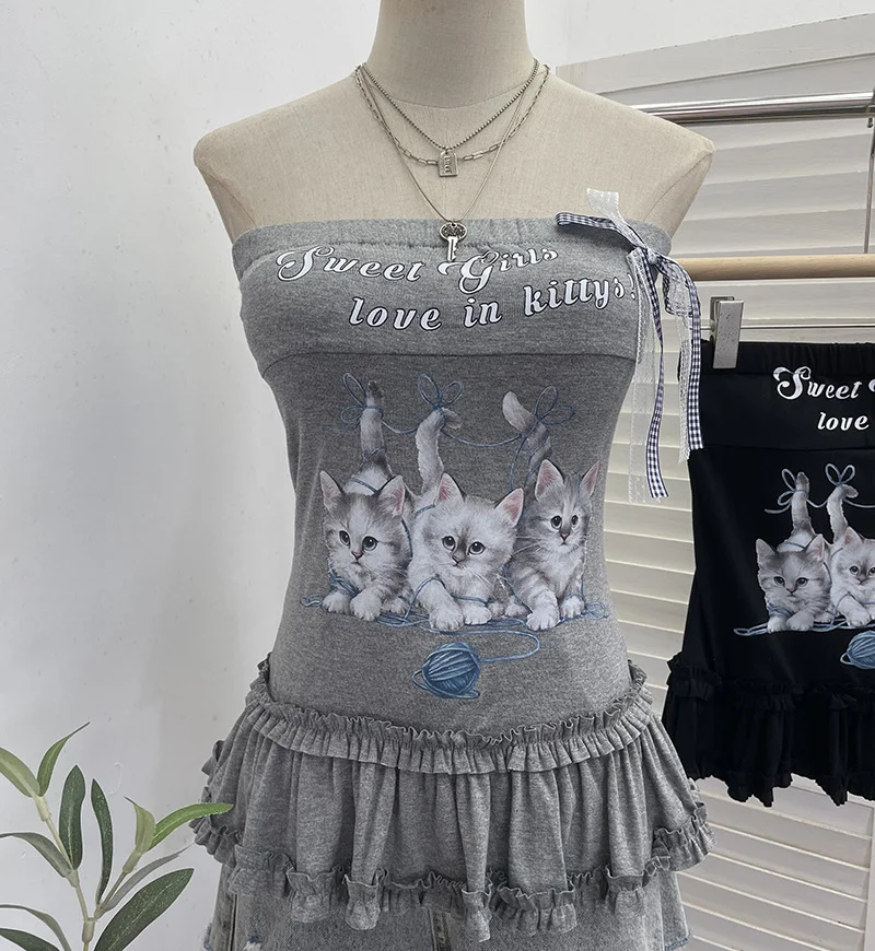 Nigikala Nigikala Kitten Print Bow Sweetheart Hottie With Chest Pads With Chest Bra Vest Wooden Ear Top 1270