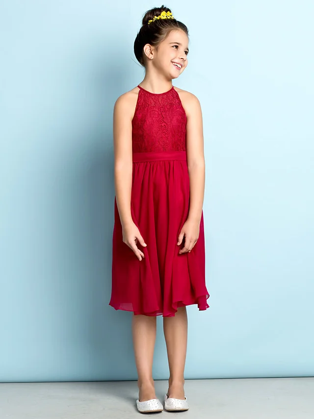 Daisda A-Line Jewel Neck Knee Length  Flower Girl Dress With Lace 