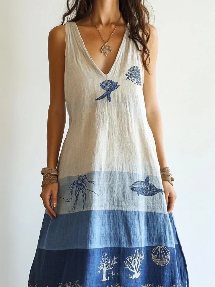 Simpfit Vintage Ocean inspiriertes Maxikleid aus Nachahmung aus Baumwolle und Leinen mit V-Ausschnitt