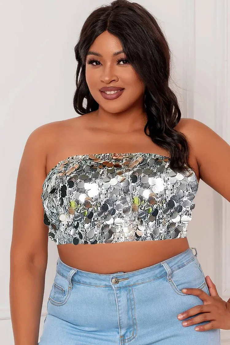 Xpluswear Design Plus Size Music Festival Tube Top Silver Sequin Solid Tube Top 