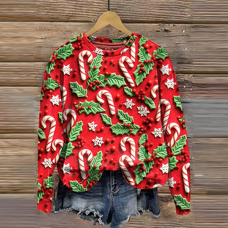 Wearshes Christmas Holly Embroidered Pattern Printed Casual Sweatshirt