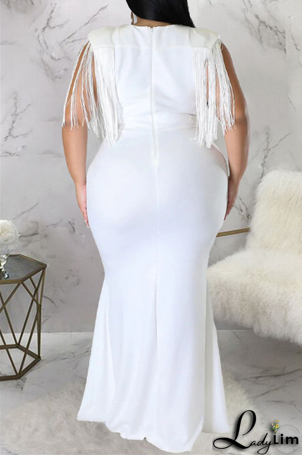 Black Fashion Casual Plus Size Solid Tassel Patchwork V Neck Long Dress