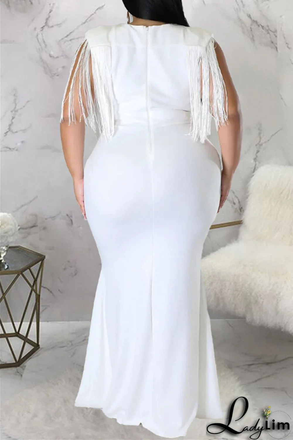 Black Fashion Casual Plus Size Solid Tassel Patchwork V Neck Long Dress