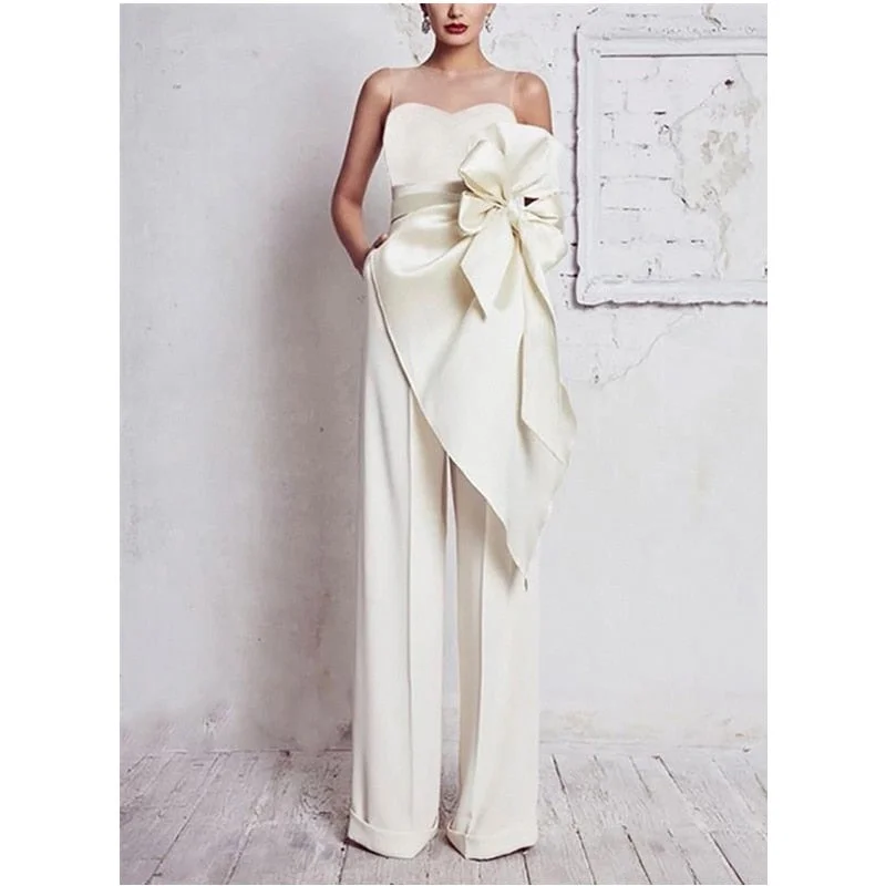 Summer dresses for  Women Elegant Strapless Jumpsuit Lady Sexy Off Shoulder High Waist Bow Tie Wide Leg Romper Loose Long Trousers