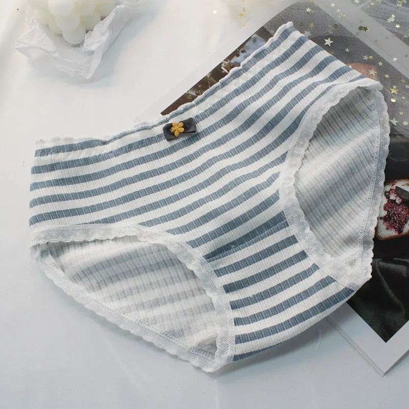 Women's Cotton Underwear Fashion Stripe Plaid Panties Sexy Lace Panties Middle Waist Seamless Comfortable Briefs Female Lingerie