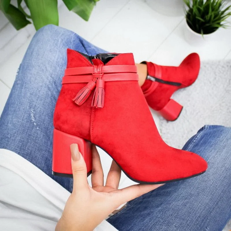2020 Red Tassel Ankle Shoes  Women's Shoes Single Boots Autumn Winter Pointed Toe Thick with Short Boots