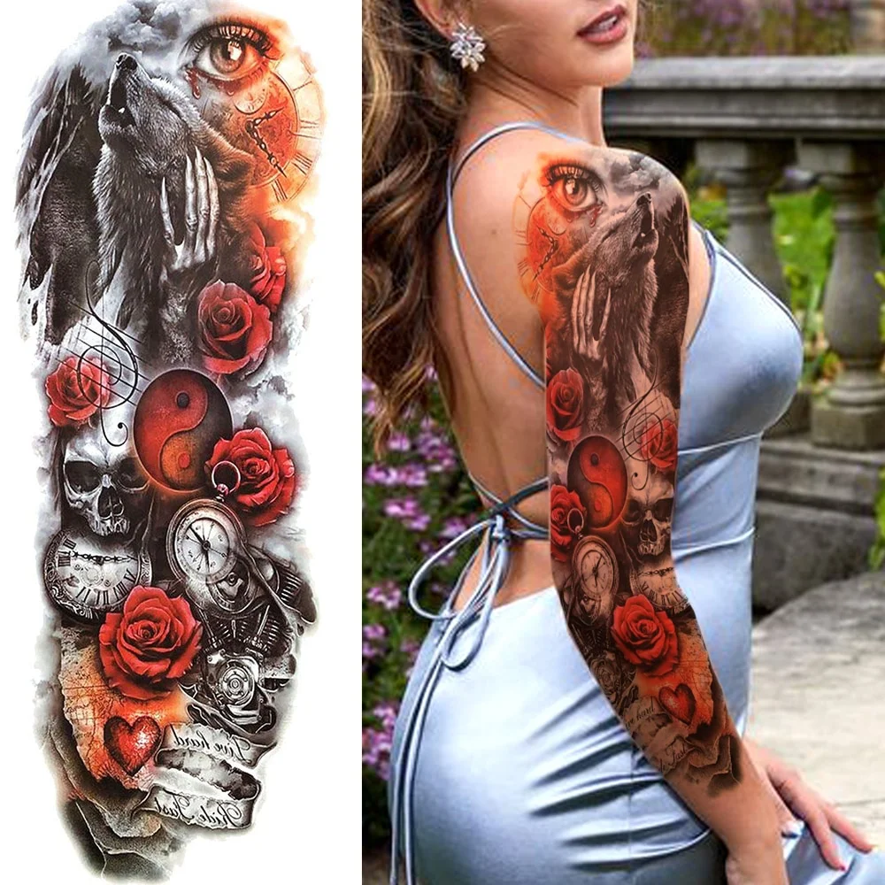 Sdrawing Military Wolf Temporary Tattoos Sleeve For Men Adult Fake 3D Lion Skull Tatoos Sticker Full Arm Warriors Tattoos For Show