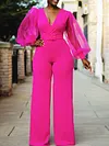 Fluorescent Deep V-Neck Mesh Puff Sleeves Belted Loose Jumpsuit