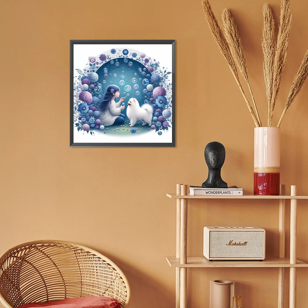 Full Round Diamond Painting 30*30cm - Girl And Samoyed Dog